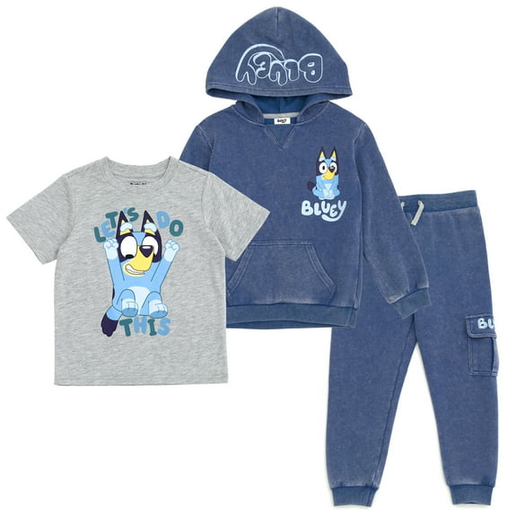Bluey Fleece Waffle Knit Pullover Hoodie T-Shirt and Jogger Pants 3 Piece Outfit Set Toddler
