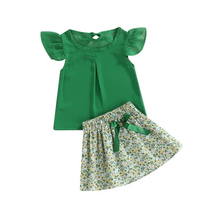 

CenturyX Toddler Girls Summer Tops and Skirt Clothes Set Flying Sleeve Chiffon Shirt Blouse Floral Boho Short Skirt 2PCS Outfits Green 2-3 Years