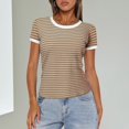 thumbnail image 2 of TSADFHJI Christmas Shirts Women Plus Women Summer Short Sleeve Shirts Crewneck Striped Color Block T Shirts Slim Fit Ribbed Knit Basic Tee Tops L Khaki, 2 of 5