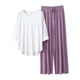 thumbnail image 1 of Conjunto de pijama con cuello en V para mujer: top de manga 3/4 y pantalones anchos, color liso, ropa de dormir ligera, tallas L/XL, 1 of 2