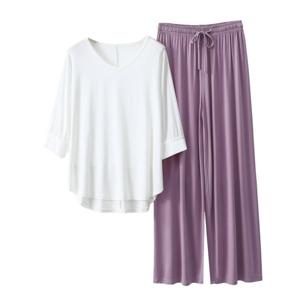 Conjunto de pijama con cuello en V para mujer: top de manga 3/4 y pantalones anchos, color liso, ropa de dormir ligera, tallas L/XL
