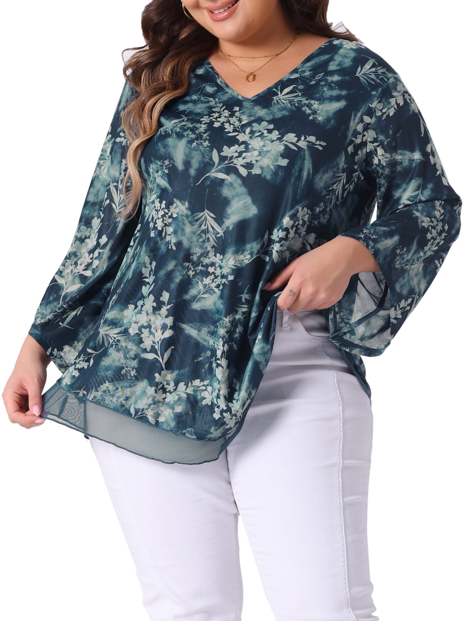 Women's Plus Women's Dressy Blouse V Neck Mesh Casual Flowy Work Shirts 4X Cyan