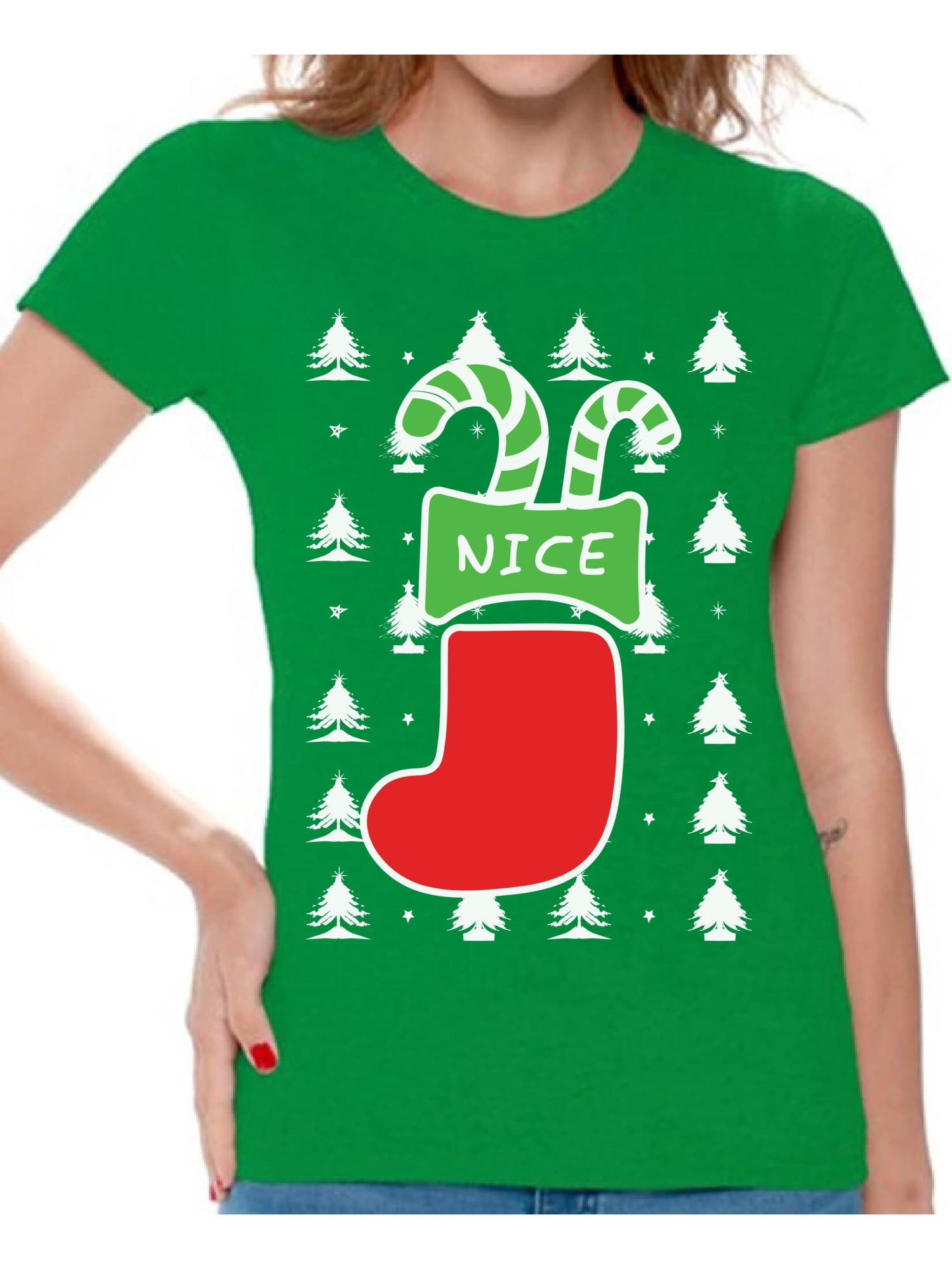 Awkward Styles Nice Christmas Stocking Tshirt for Women Naughty or Nice