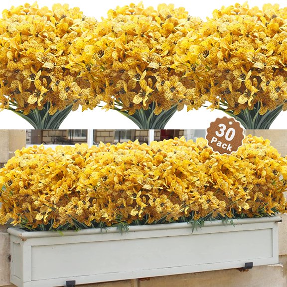 Sinhoon 30 Bundles Artificial Flowers, Outdoor Indoor UV Resistant Fake Flowers No Fade Faux Plastic Greenery Shrubs Garden Porch Window Box Decorating (Yellow)