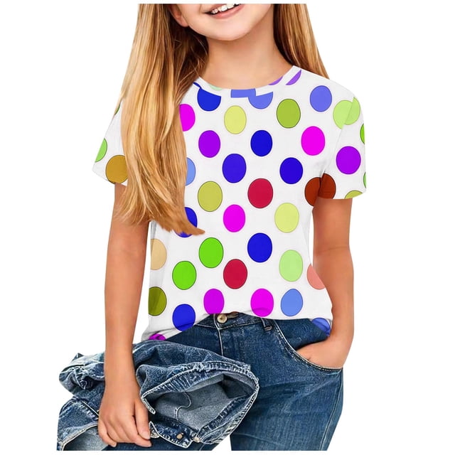 Zpanxa T-Shirts pour Tout-Petites Fille à Pois Col Rond Manches Courtes Haut Décontracté Polyester Spandex 11-12 Ans