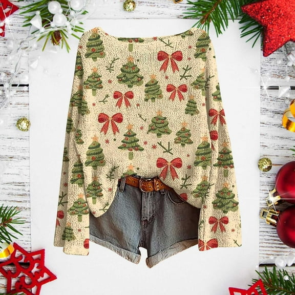 Sakmal Ugly Sweaters for Women Trendy Lightweight Cotton Christmas Christmas Trees Print Knitted Crew Neck Ladies Sweaters L