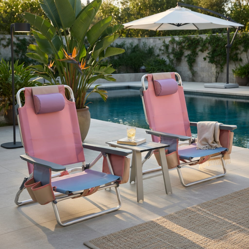 Hommoo 2-Pack Adjustable 5-Position Aluminum Beach Chair Set with Folding Side Table, Lightweight Portable Camping & Outdoor Reclining Chairs, Pink