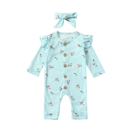 

Canrulo 2Pcs Toddler Baby Girls Fall Outfits Floral Long Sleeve Button Jumpsuit Bodysuit+Headband Infant Clothing Blue 6-12 Months