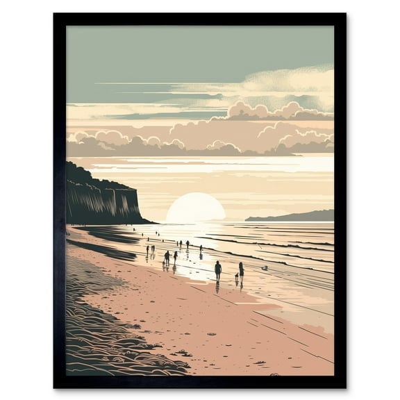 Dog Walks on the Beach Sunset Coastal Landscape Art Print Framed Poster Wall Decor 12x16 inch