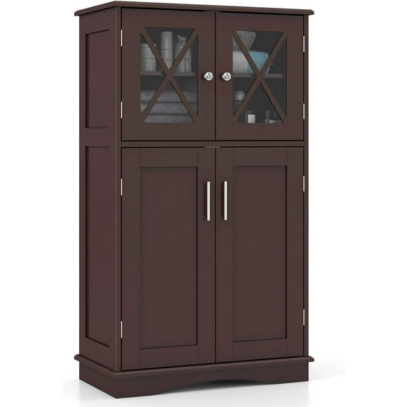 Bathroom Floor Storage Cabinet - Linen Floor Cabinet with Doors and Adjustable Shelves, Freestanding Side Storage Organizer for Bathroom, Living Room, Entryway, Kitchen Storage Unit (Brown)