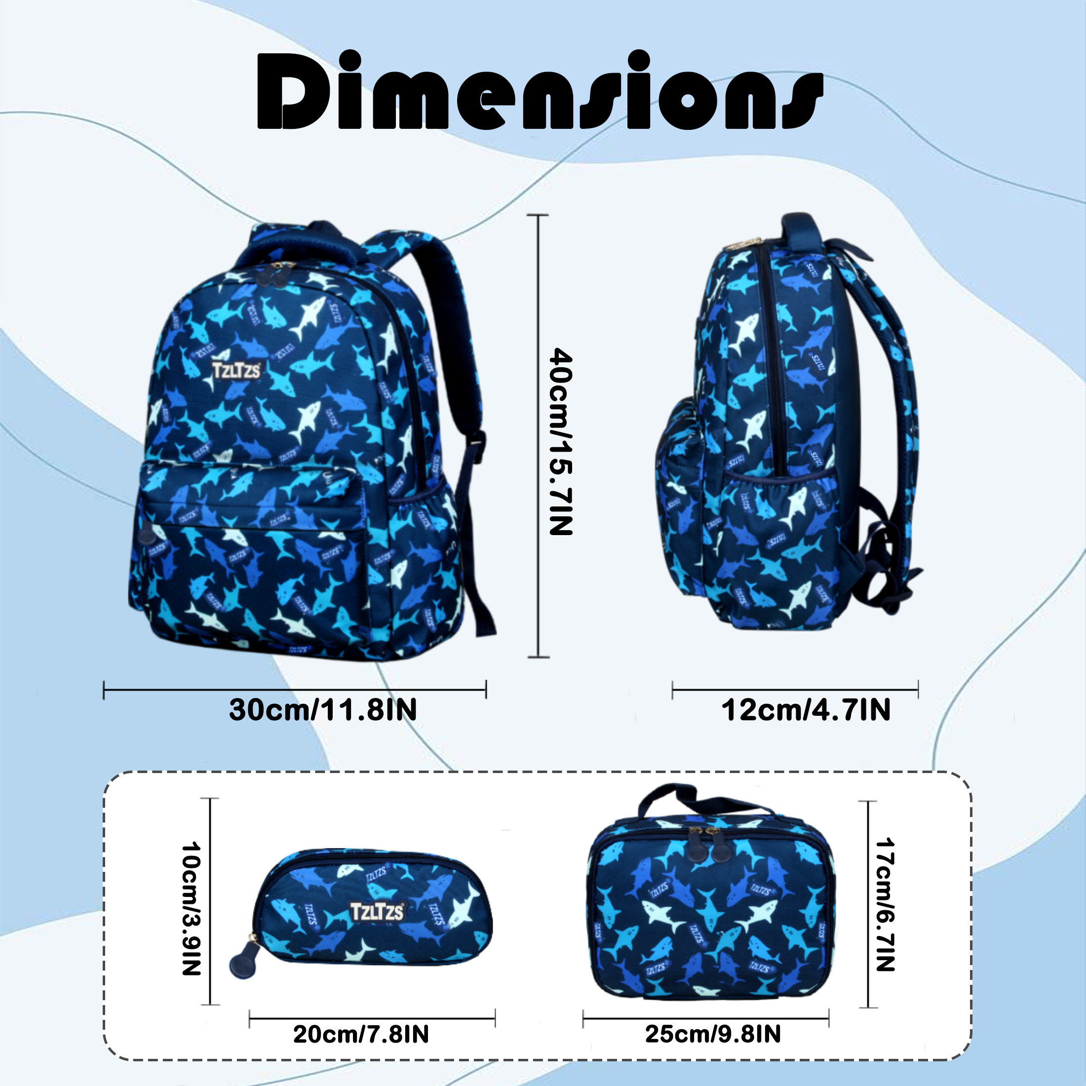 Set de mochila escolar para niños, estampado de tiburón, impermeable, 3 piezas con lonchera y estuche para lápices para estudiantes de primaria 2