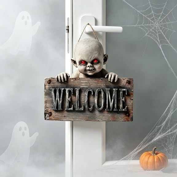 Spooky Zombie Student Welcome Sign with Rustic Wooden Plaque, Decor for Front Porch and Door, Halloween Hanging Ornament
