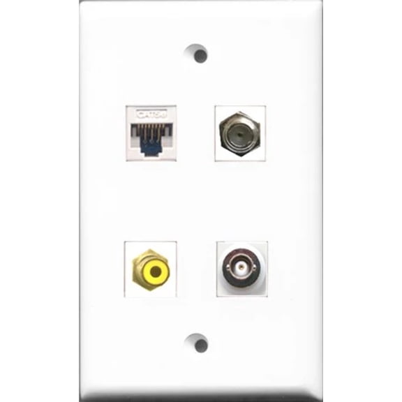 RiteAV - 1 Port RCA Yellow and 1 Port Coax Cable TV- F-Type and 1 Port BNC and 1 Port Cat5e Ethernet White Wall Plate