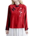 thumbnail image 2 of Endives Womens Cotton Linen Shirt Artistic Retro Embroidered Chinese Style Top Stand Collar Buckle Long Sleeve Shirt Spring Outfit Red, 2 of 5