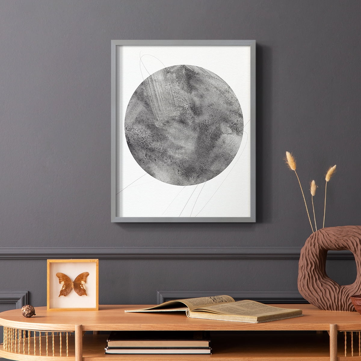 Graphite Moon II Framed Print in Gray Solid Wood Framed Print No Nail Hanging