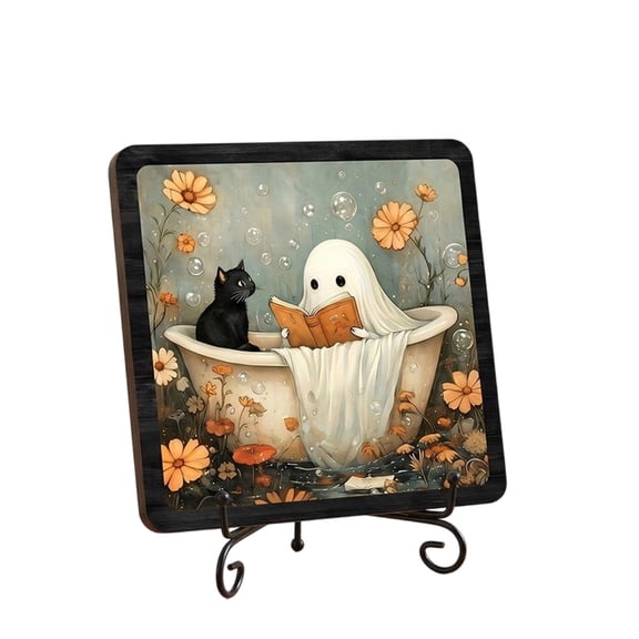 Cheapark Halloween Wooden Tabletop Sign, Bathroom Bedroom Shelf Tiered Tray Decor Plaque, Vintage Ghost Bathtub Black Cat Art Ornament with Metal Display Stand Single Wood Decor