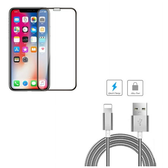 iPhone XS/X - 3ft Metal USB Cable w Tempered Glass Screen Protector - Charger Cord Power Wire Sync Fast Charge Data, 5D Touch Curved Edge Full Cover Bubble Free Case Friendly 9H Hardness