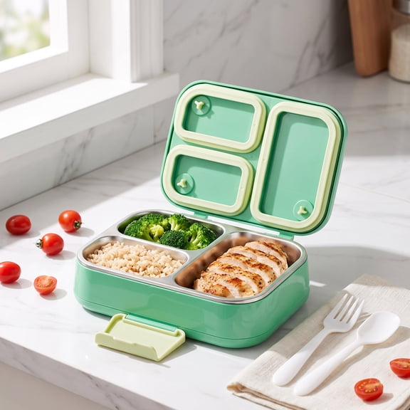 Liujiale Insulated Lunch Box, Transparent Stainless Steel 3-Compartment Bento Box, Leakproof Thermal Food Container for Office Study Adults, Microwave Dishwasher Safe Meal Prep