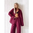 thumbnail image 6 of Women'S 2 Piece Sets-Linen Long Sleeve Shirts + Wide Leg Pants Vacation Outfits Matching Sets Wine Red S, 6 of 9