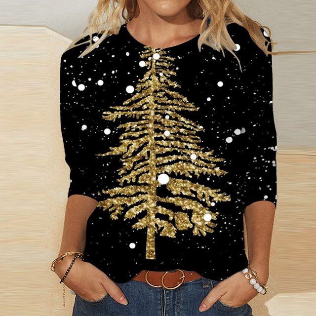 Fiudx Ofertas Del Día Blusa Holgada con Estampado de Pascua y Cuello Redondo Retro de Manga Tres Cuartos a La Moda para Mujer