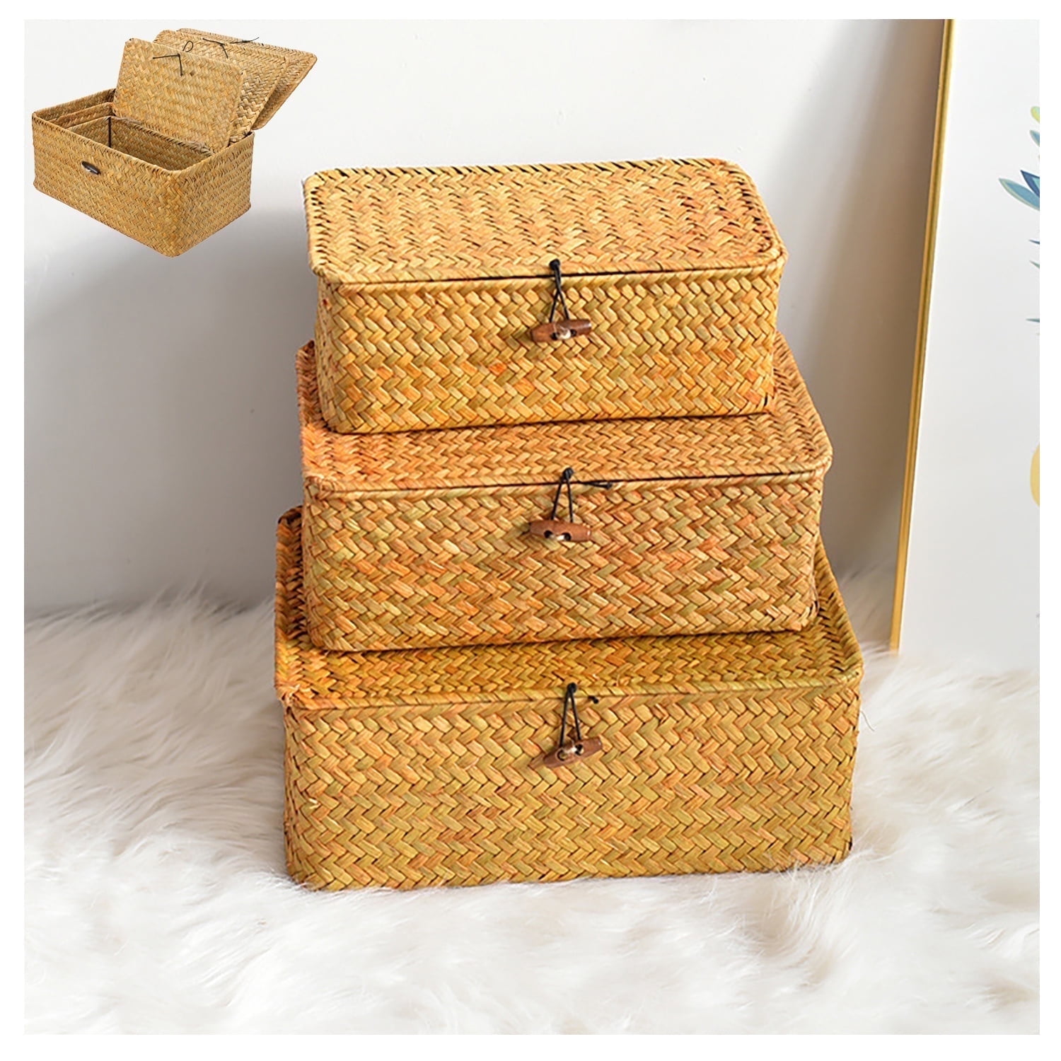 Asunby 3-Piece Wicker Storage Basket Set with Lids, Woven Rattan Baskets for Shelves, Stackable Seagrass Storage Bins for Laundry and Organization