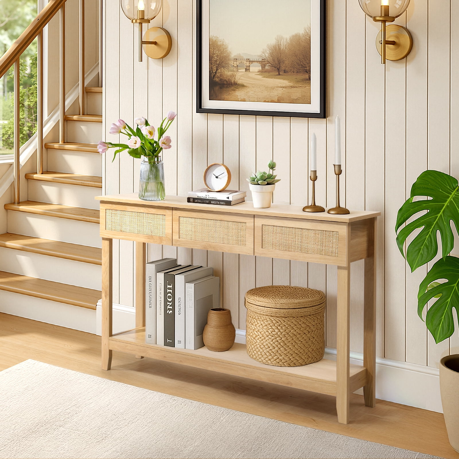 Rattan Console Table, Boho Entryway Sofa Table with 3 Drawers & Storage Shelf, Natural Wood