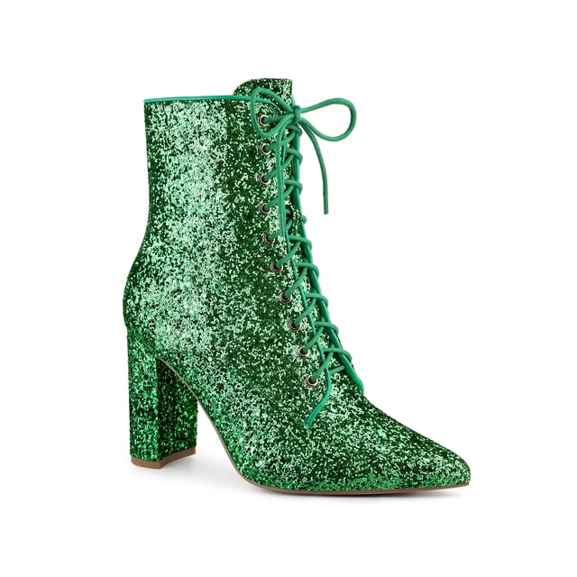 BLISSFUL STEP Bottines à Talon Bloc Bout Pointu Pailleté pour Femmes Vert 10