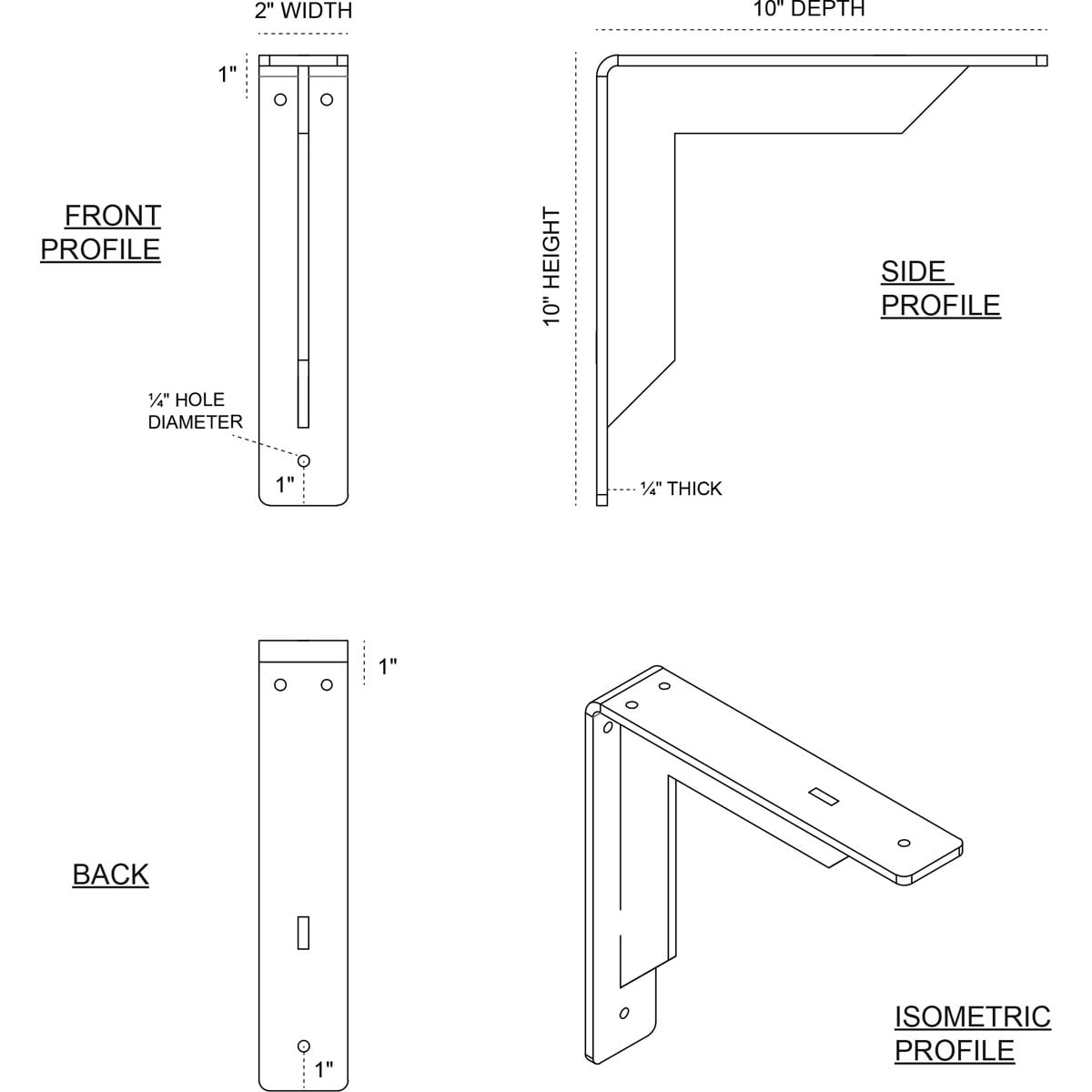 Ekena Millwork 2"W x 10"D x 10"H Stockport Bracket, Stainless Steel (4-Pack)