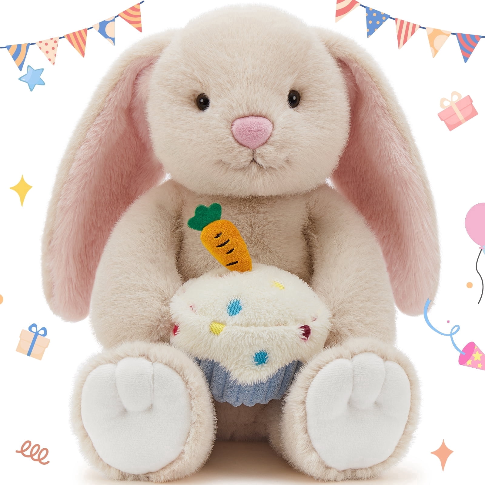 MaoGoLan 18'' Rabbit Stuffed Animal Cute Stuffed Rabbit With A Birthday Carrot Cake Plush Toy