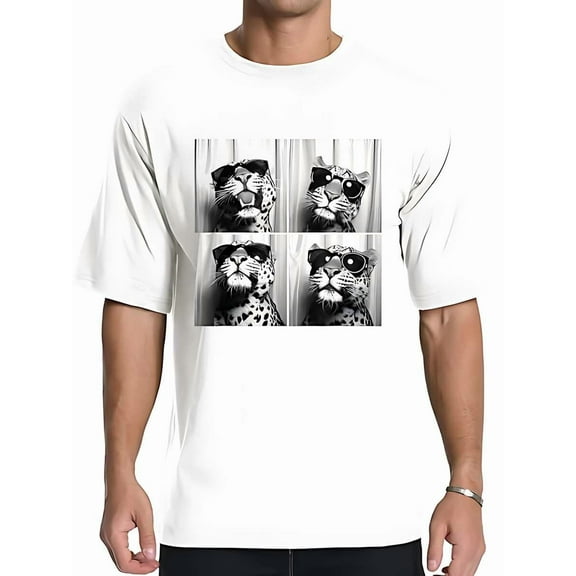 Retro Men's Adult Classic Fashion Pure Cotton Short-Sleeved Casual Animal Print T-Shirt "Leopard Print Cool Cats Graphic T-Shirt - Fun And Stylish Design" S-5XL SIZE