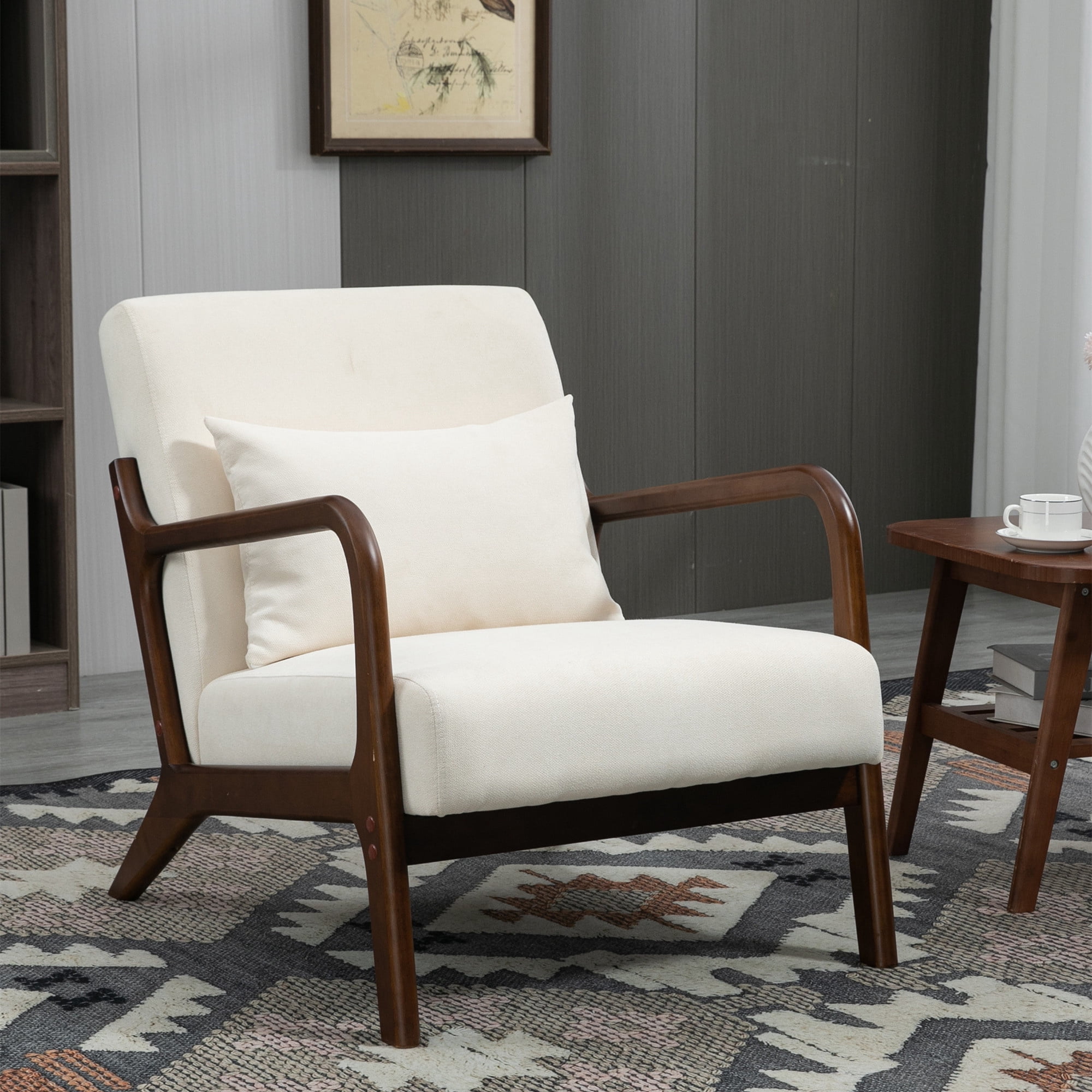 Aukfa Mid Century Modern Accent Chair w/ Lumbar Pillow for Living Room, Wood Frame, Velvet, Beige
