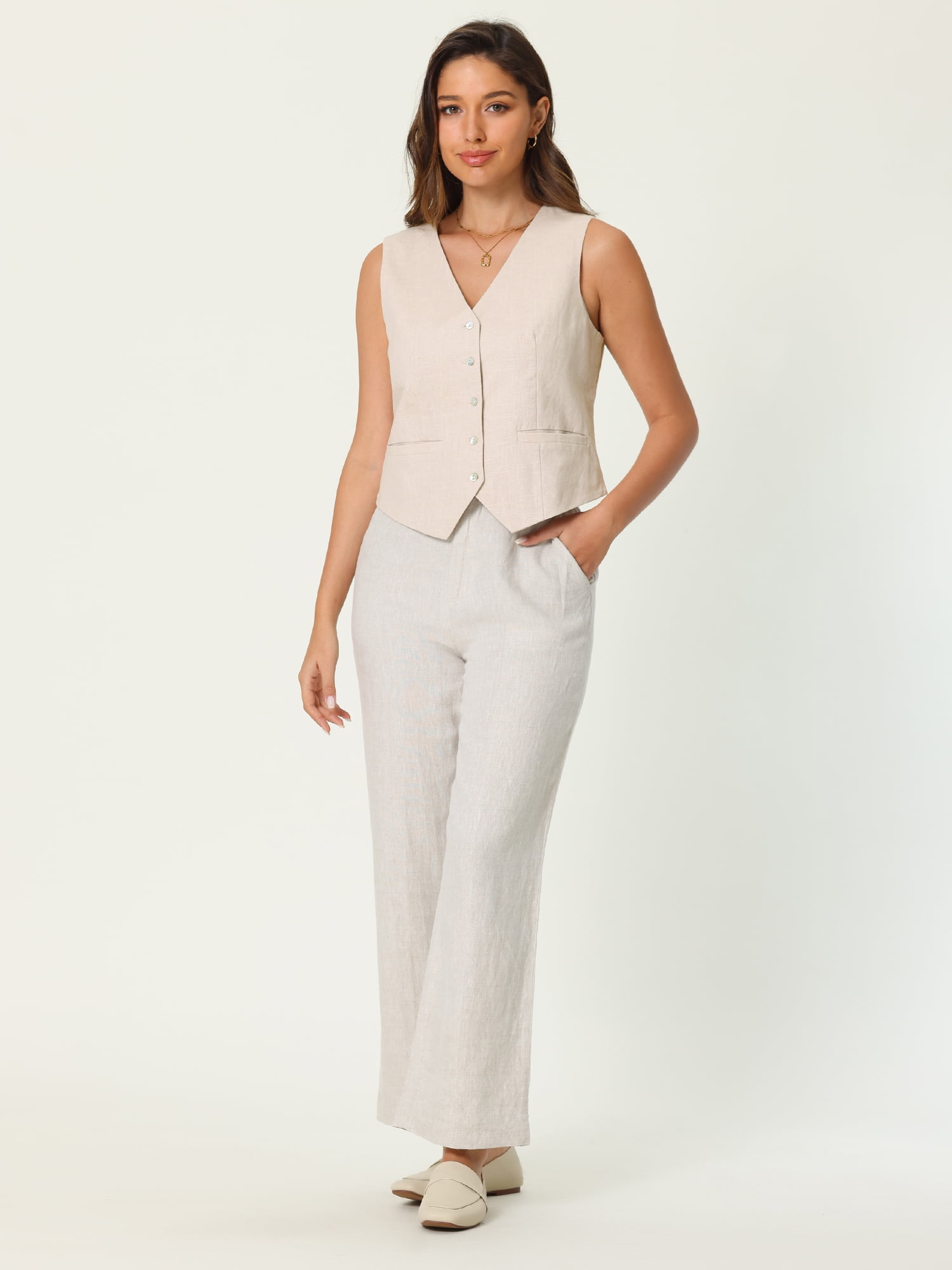 DARING DIVA Women's Linen Vest Button Down V Neck Business