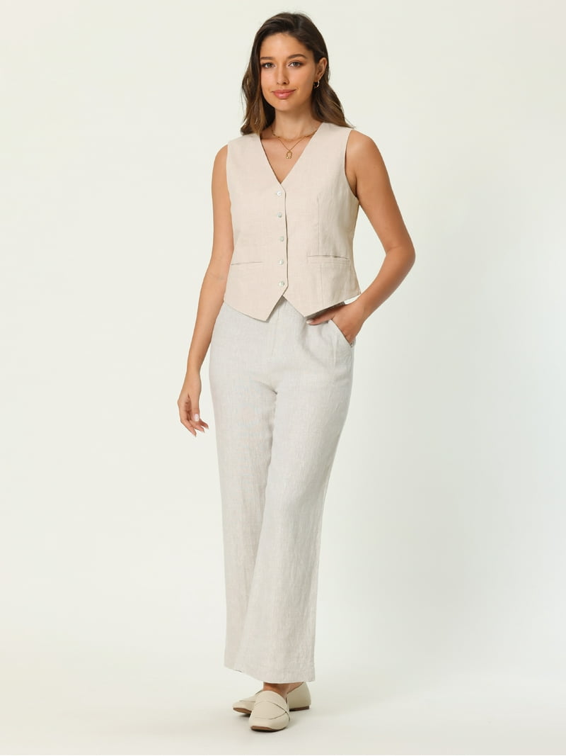 DARING DIVA Women's Linen Vest Button Down V Neck Business