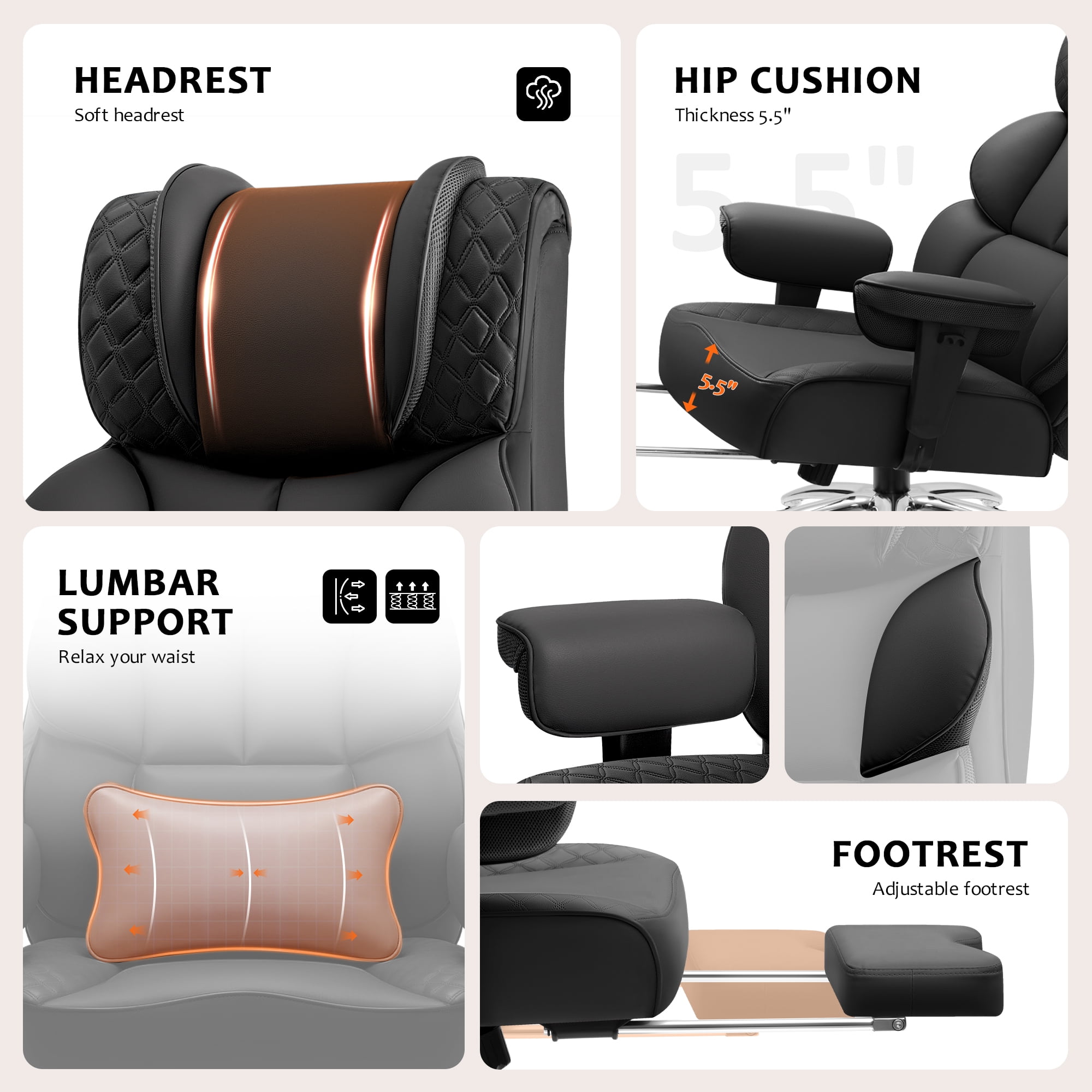 FASTES Office Desk Chair, Big and Tall Office Chair 400lbs Gaming Chair with Footrest, Ergonomic Executive High-Back Reclining Computer Chairs, Swivel Wheels and Lumbar Support, Black