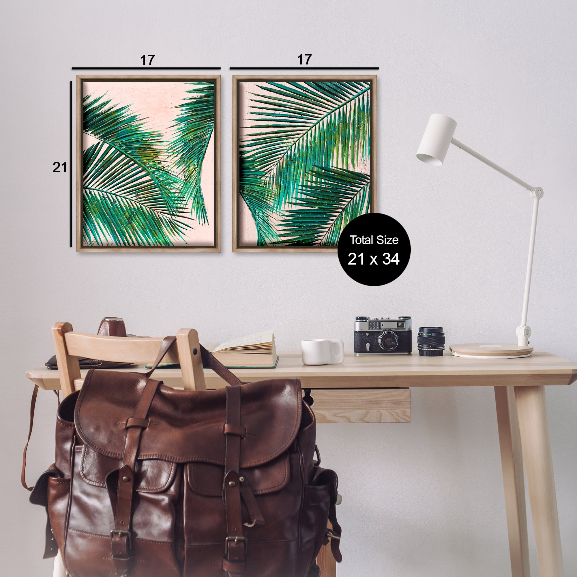 Stupell Industries Tropical Palm Fronds Plants & Flowers Painting Brown Floater Framed Canvas Art Print Wall Art, 17 x 21, Set of 2