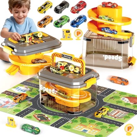 UQN Puzzle Track Car Play Set, Parking Lot Toddler Race Car Track Toy Set for Kids with 6 Alloy Cars , Racing Toys for 3-8 Years Old Boys Kids Toddler Car Games Christmas Birthday Gifts
