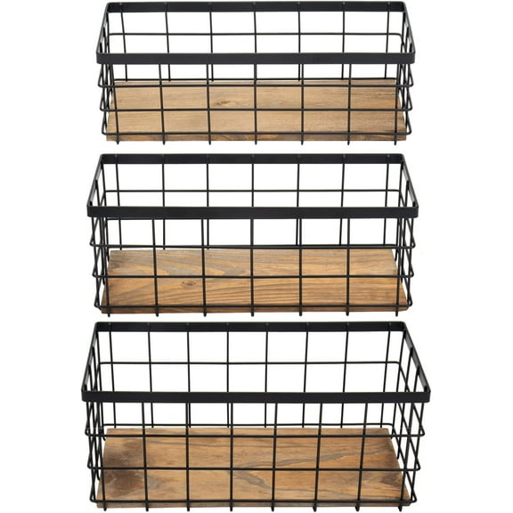 Farmhouse Decor Metal Wire Storage Baskets, Wood Base Containers Organizing Basket Caddy Bin for Kitchen Cabinets, Bathroom, Pantry, Garage, Laundry Room, Closets - Small - Black (Set of 3)