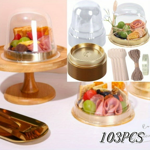 50-Set Clear Plastic Dessert Cups with Dome Lids, Individual Charcuterie Boxes with Wooden Sporks & Decorative Rope for Wedding Party Event Display