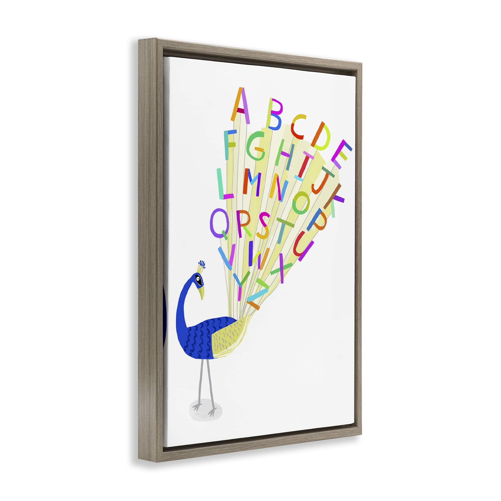 Stupell Industries Peacock Alphabet Feathers Animals & Insects Painting Brown Floater Framed Art Print Wall Art, 21 x 31