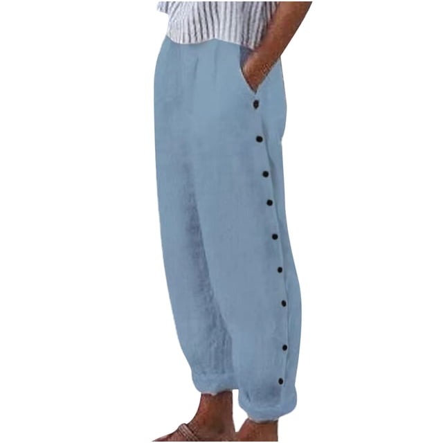 ICHUANYI Clearance Women's Solid Color Casual Slim High Elastic Waist Hypotenuse Button Sports Cotton And Linen Pants(Sky Blue, M) ICHUANYI WER2023080907860