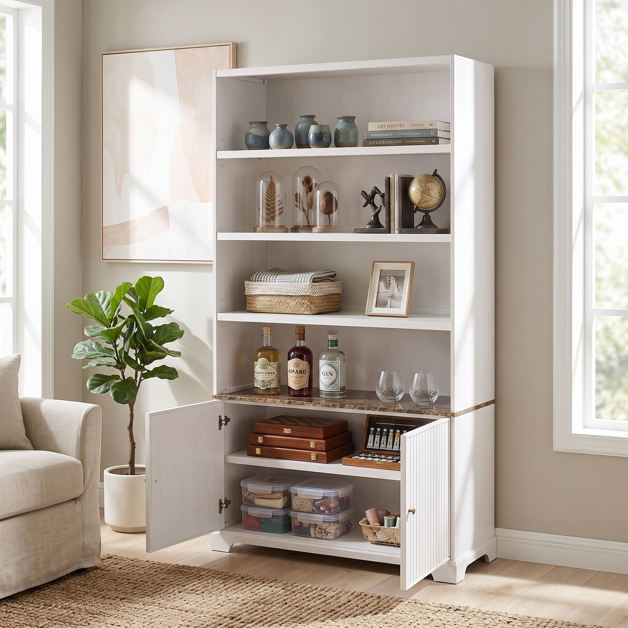 91" Tall Storage Cabinet with Faux Marble Tabletop, Freestanding Bookcase with Fluted Doors, Wooden Display Bookshelf Office Hutch