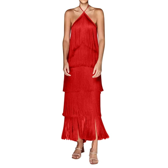 Women's 2025 Summer Maxi Dress Halter Neck Evening Dress Fashion Fringe Backless Slit Over The Knee Dresses