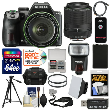 Pentax K-70 All Weather Wi-Fi Digital SLR Camera & 18-135mm WR Lens (Black) with 55-300mm Lens + 64GB Card + Case + Flash + Battery + Tripod +