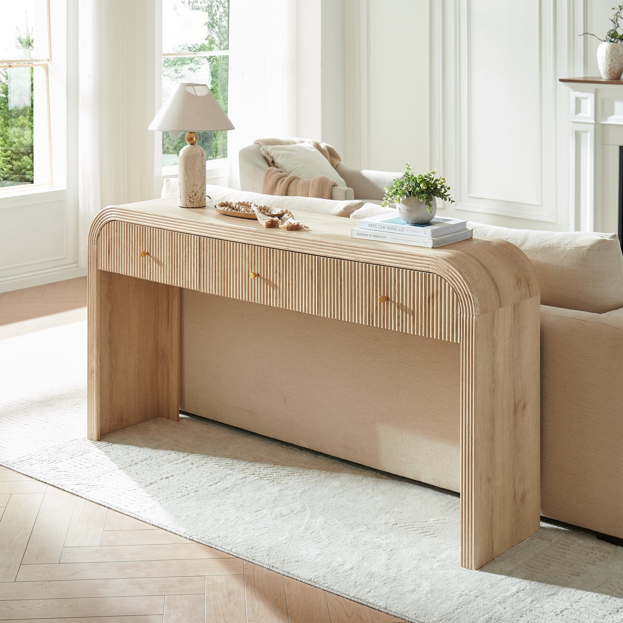 KeyWhat 63" Modern Fluted Console Table with 3 Drawers, Curved Edges & Anti-Tip Safety Kit