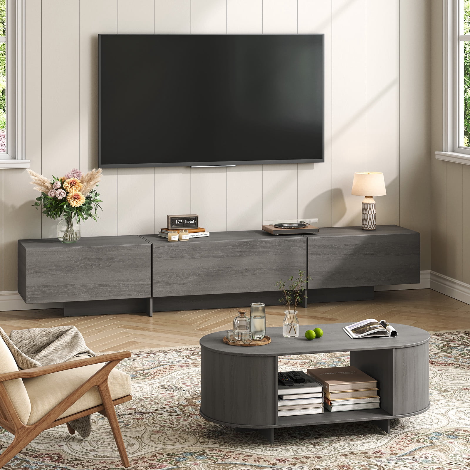 76.4'' Modern TV Stand for Living Room, Mid Century Modern TV Console with 3 Drawers, Media Cabinet for Living Room, Bedroom, Grey