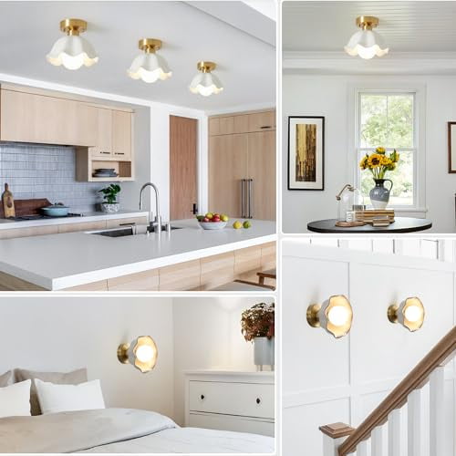 Modern Farmhouse Brass Semi Flush Mount Ceiling Light Milk Glass Light Fixture Gold Vintage Close to Ceiling Light Fixtures Small Hallway Semi Flush Light for Kitchen Dinning Room