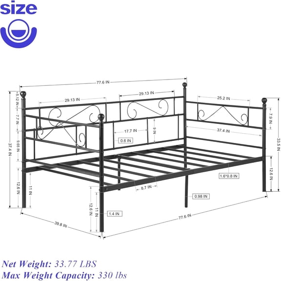 Twin Size Daybed Frame, Day Bed Black Metal Daybed Frame with Headboard, Mattress Platform Base Box Spring Replacement Sofa Bed for Living Room Guest Room/Style S/Black