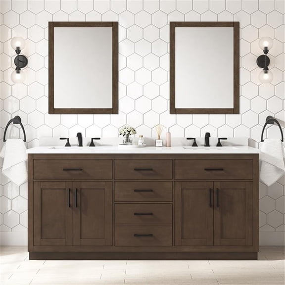 Pemberly Row 72" Double Bathroom Vanity in Almond Latte with White Countertop