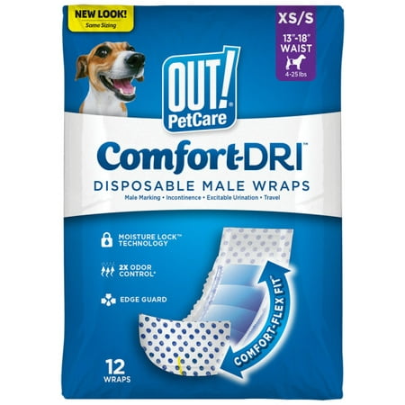 OUT! Pet Care Disposable Male Dog Diapers | Absorbent Male Wraps with Leak Proof Fit | XS/Small, 12
