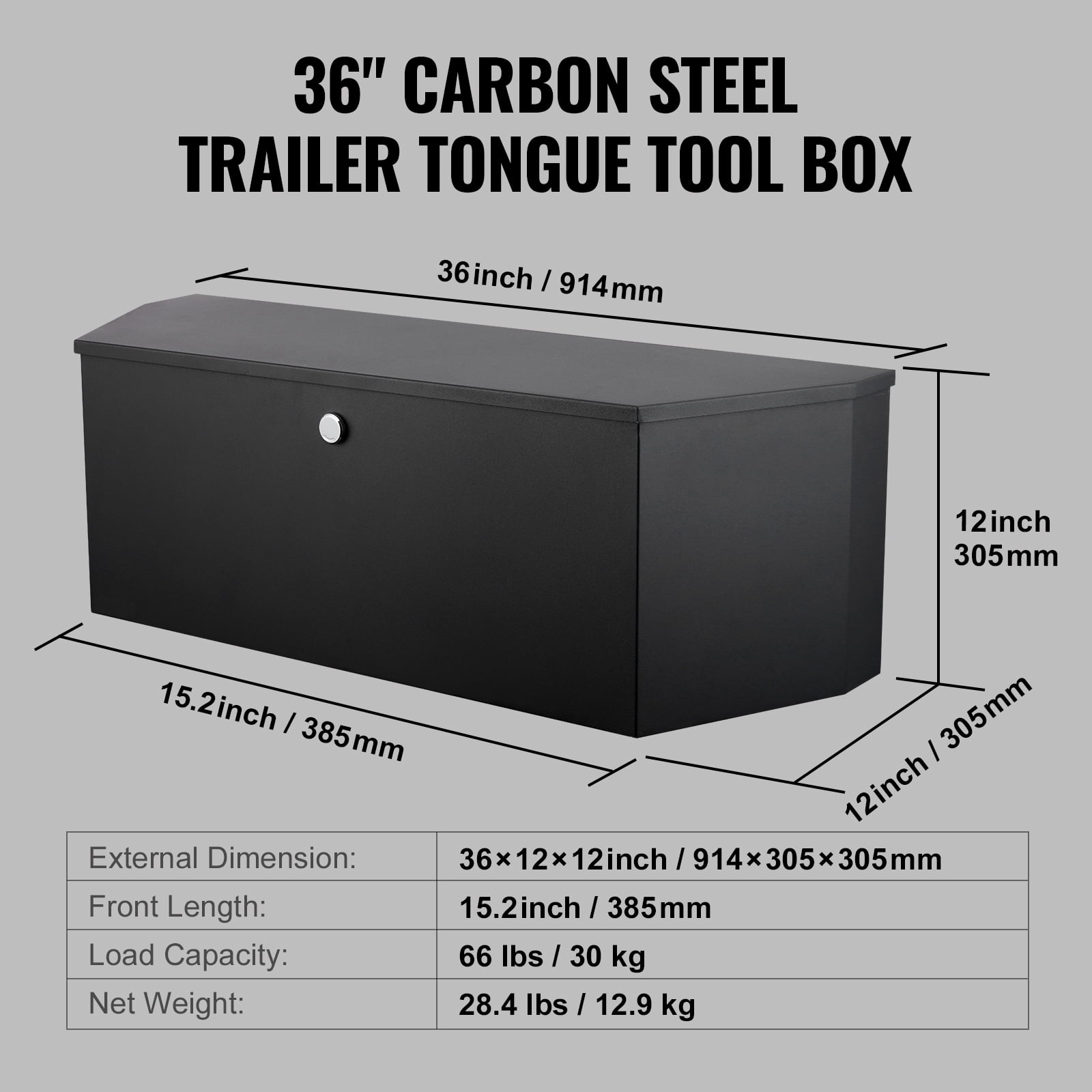 KFFKFF Trailer Tongue Tool Storage Box 36 x 12 x 12 inch Carbon Steel + Lock Keys